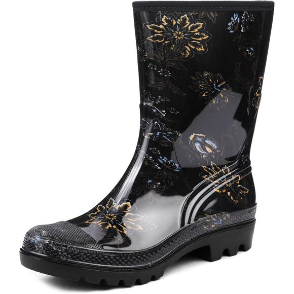 Shoes - Women's Black Yellow Flower Lightweight Fashion Wide Calf Waterproof Rain Boots